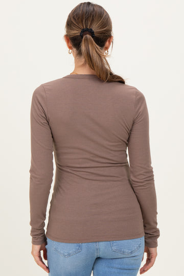Mocha Solid Ribbed Long Sleeve Round Neck Maternity Tunic Top
