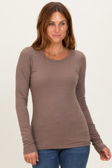 Mocha Solid Ribbed Long Sleeve Round Neck Tunic Top