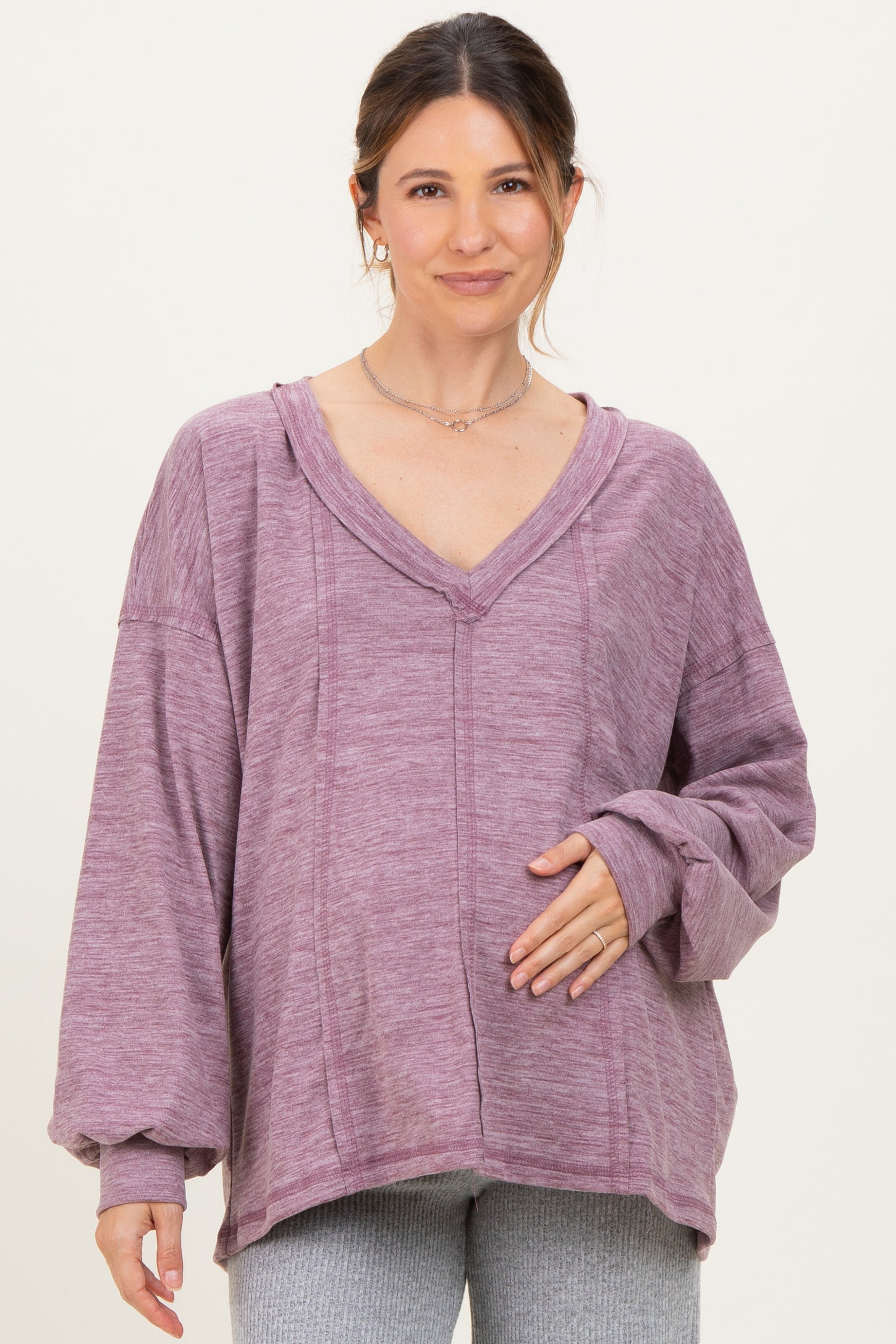 Plum Brushed Long Sleeve V-Neck Maternity Sweatshirt
