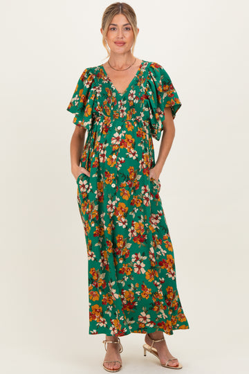 Hunter Green Fall Floral Short Sleeve V-Neck Maternity Maxi Dress