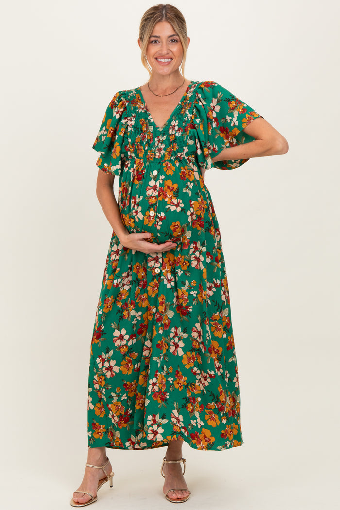 Hunter Green Fall Floral Short Sleeve V-Neck Maternity Maxi Dress