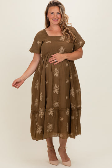 Taupe Floral Print Ruffle Hem Maternity Plus Midi Dress