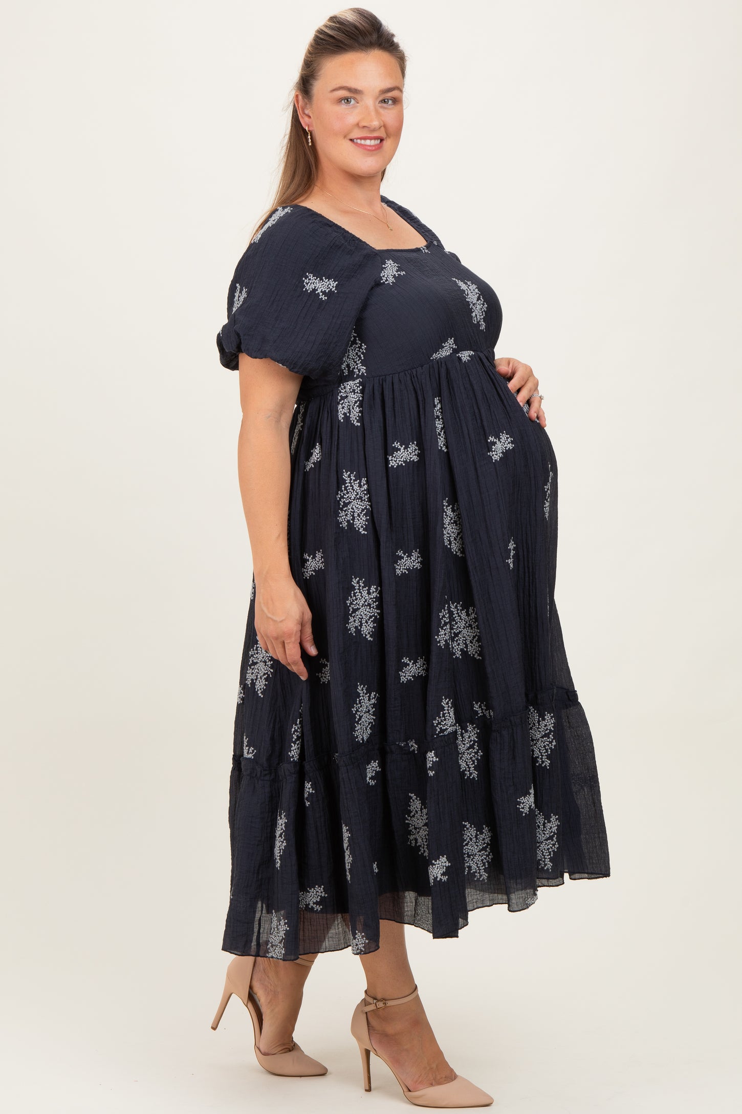 Navy Floral Print Ruffle Hem Maternity Plus Midi Dress