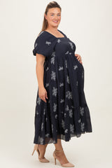 Navy Floral Print Ruffle Hem Maternity Plus Midi Dress
