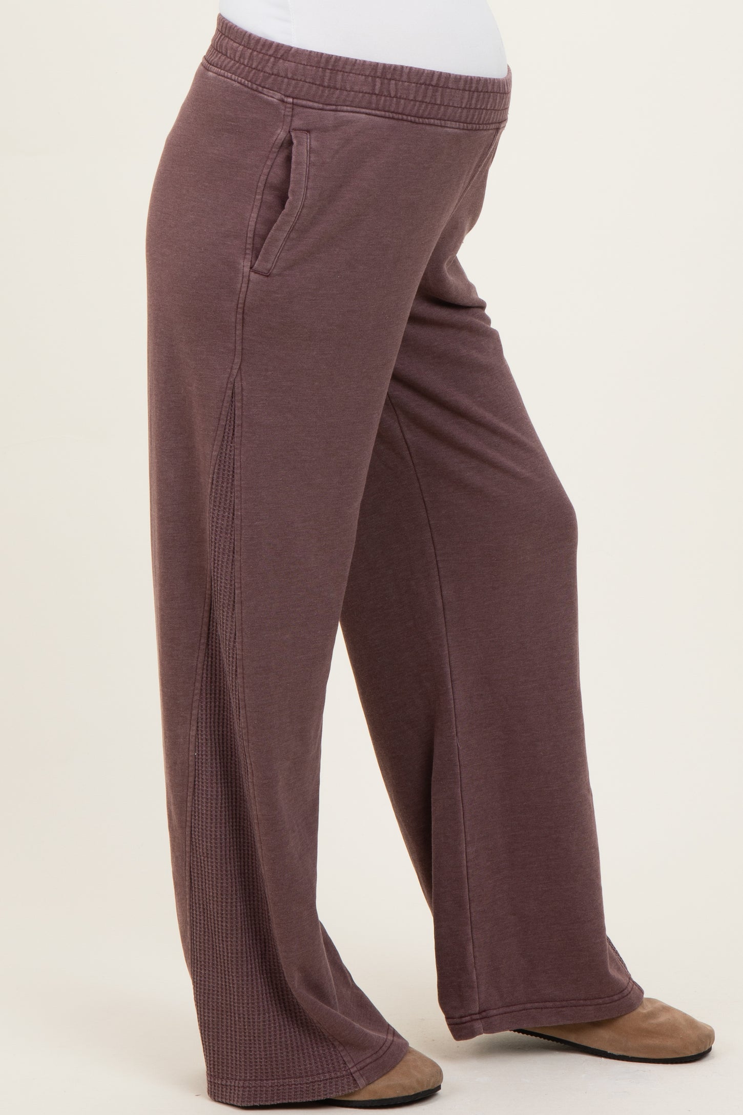 Burgundy Mineral Wash Waffle Knit Contrast Maternity Lounge Pants