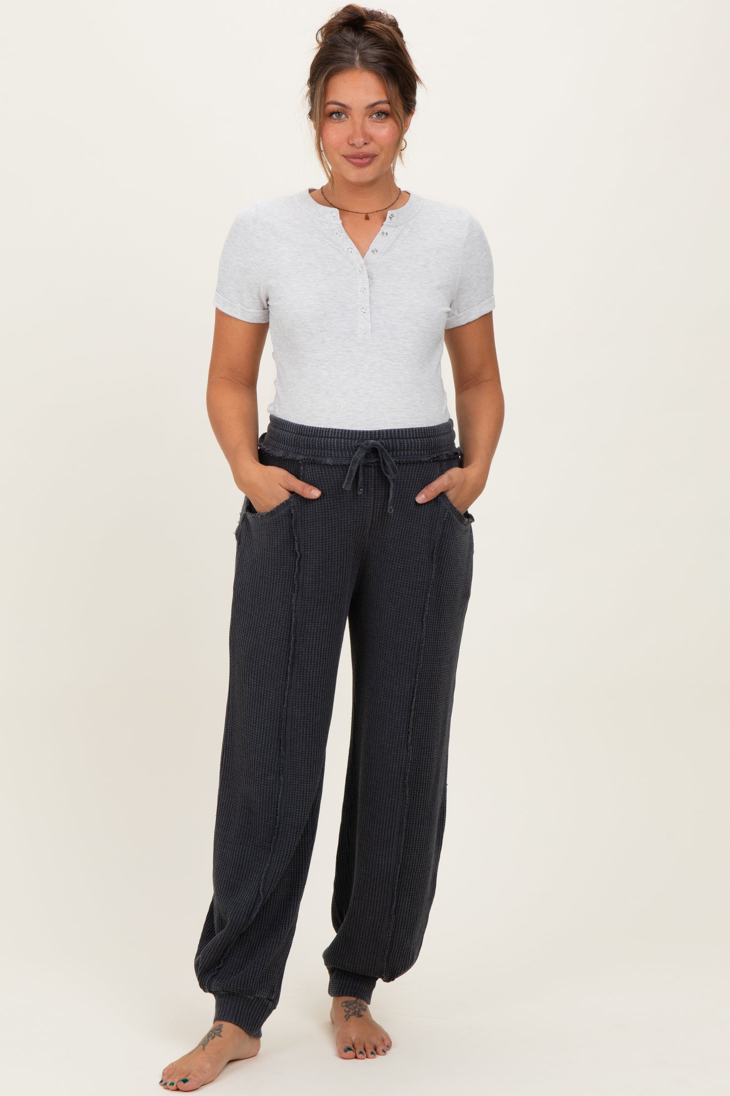 Black Raw Seam Waffle Knit Maternity Joggers