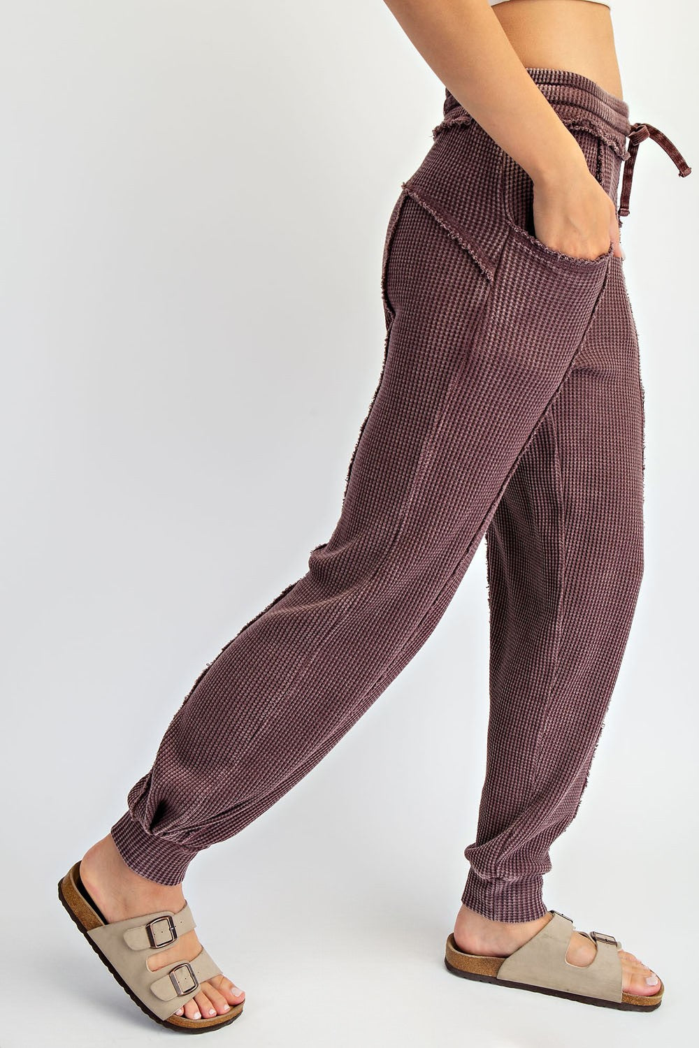 Burgundy Raw Seam Waffle Knit Joggers