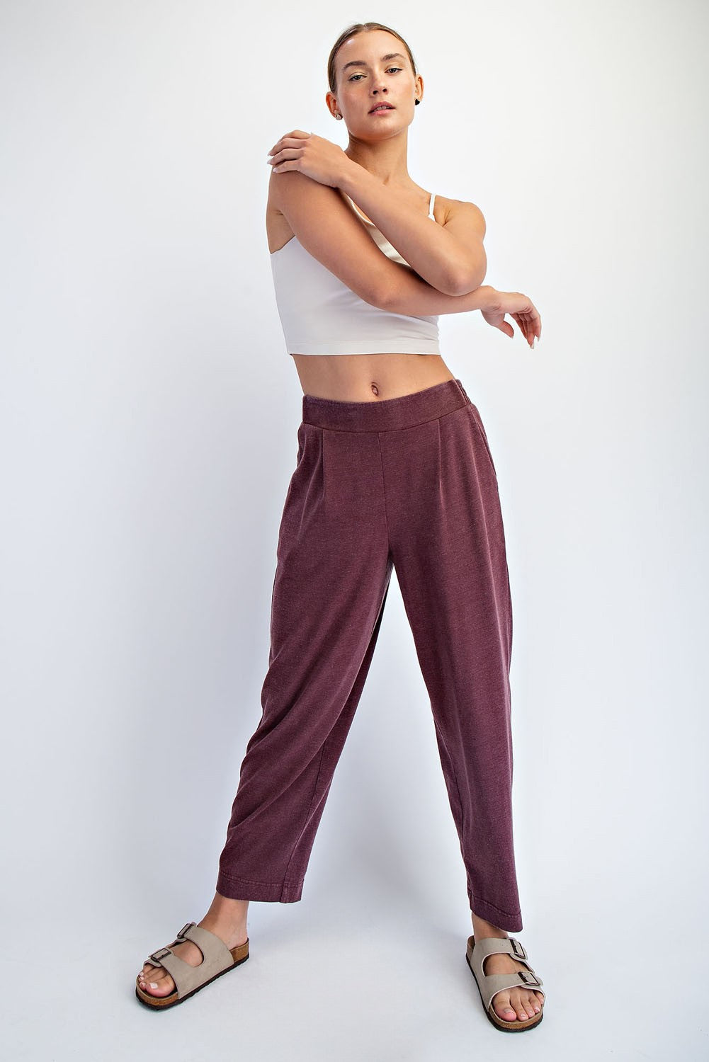 Burgundy Mineral Wash Pleated Lounge Pants