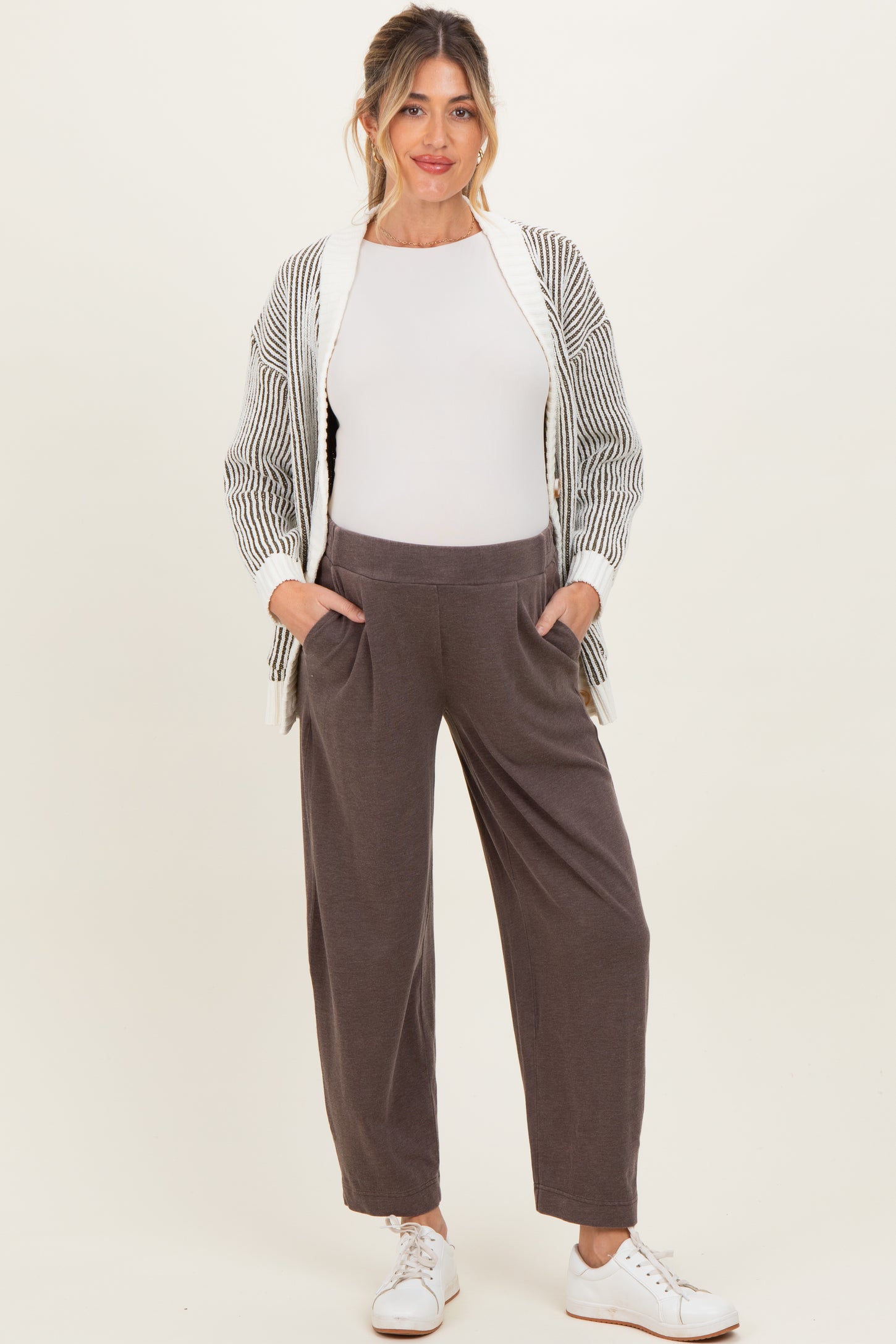 Brown Mineral Wash Pleated Maternity Lounge Pants
