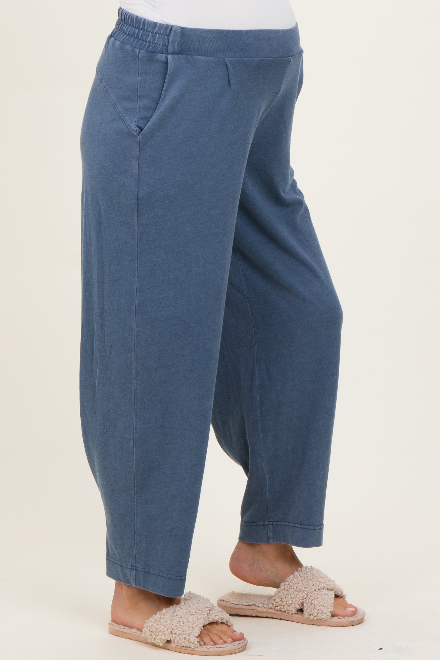 Light Navy Mineral Wash Pleated Maternity Lounge Pants