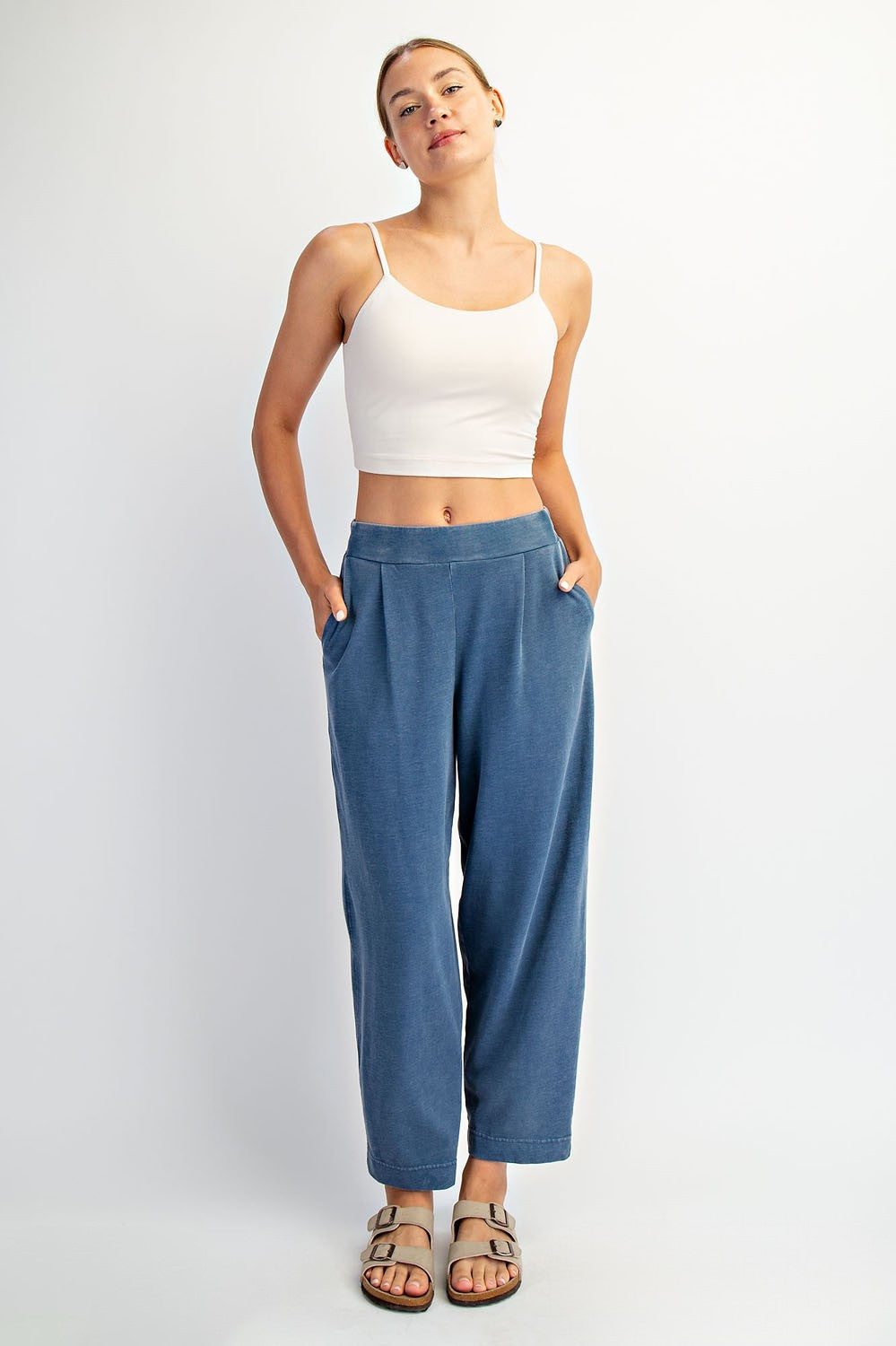 Light Navy Mineral Wash Pleated Maternity Lounge Pants