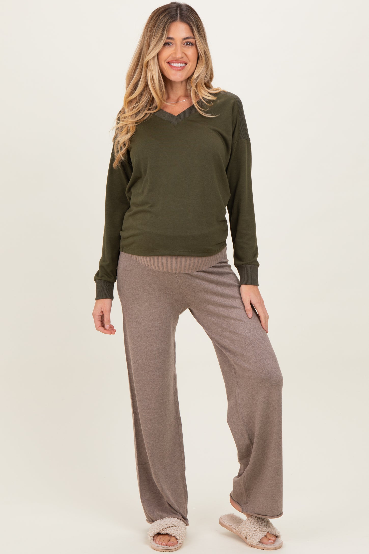 Mocha Ribbed Knit Foldover Waist Maternity Pants