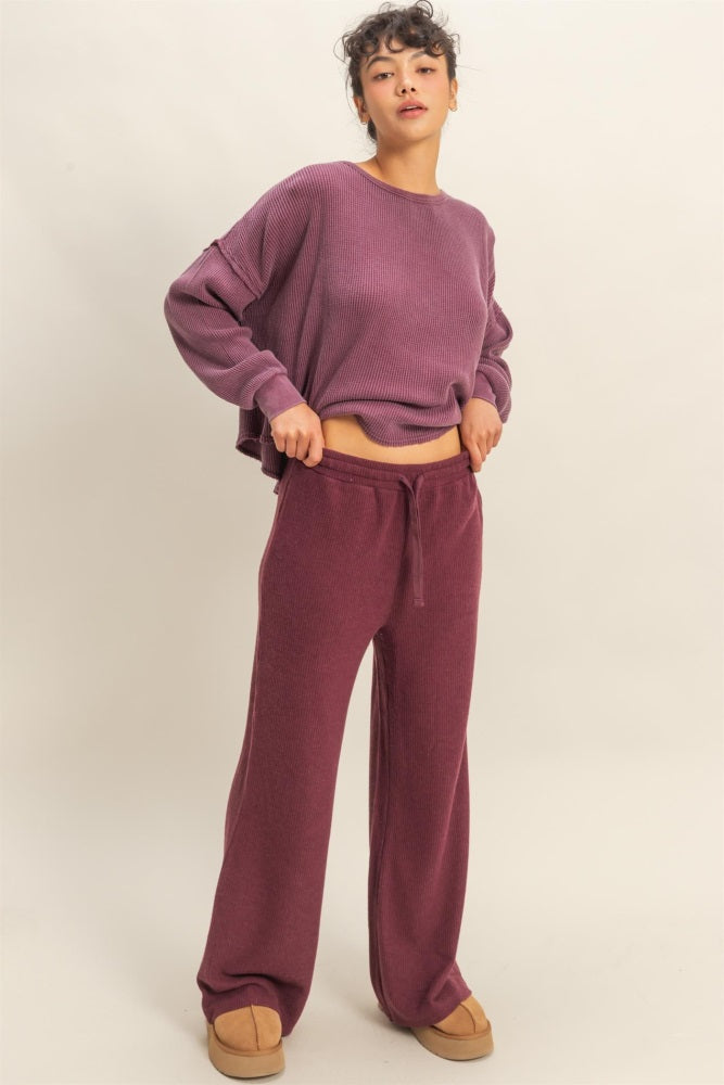 Burgundy Brushed Ribbed Knit Lounge Pants