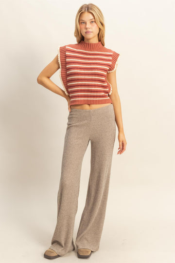 Beige Brushed Knit Flare Leg Pants