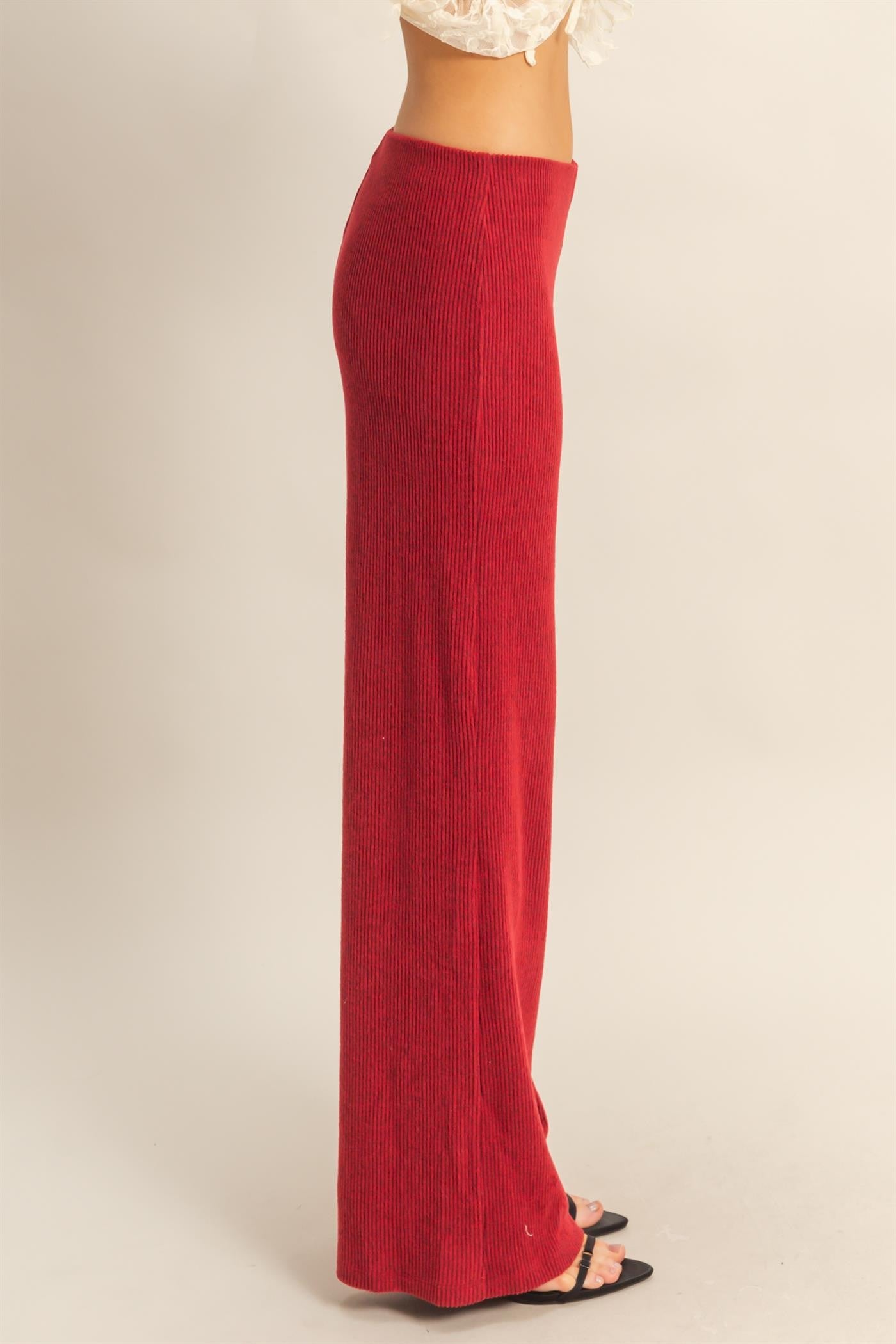 Red Brushed Knit Flare Leg Pants