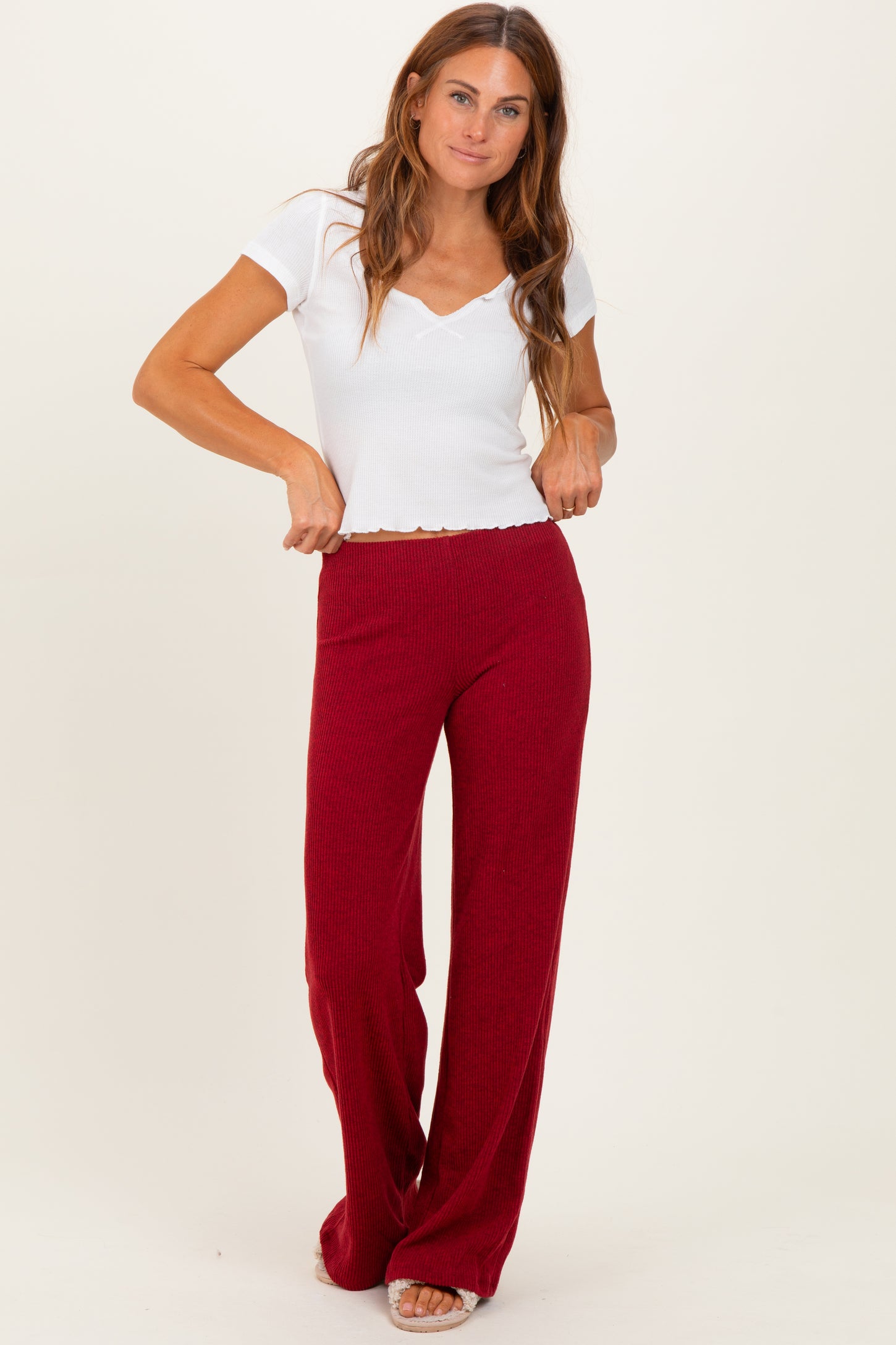 Red Brushed Knit Flare Leg Pants
