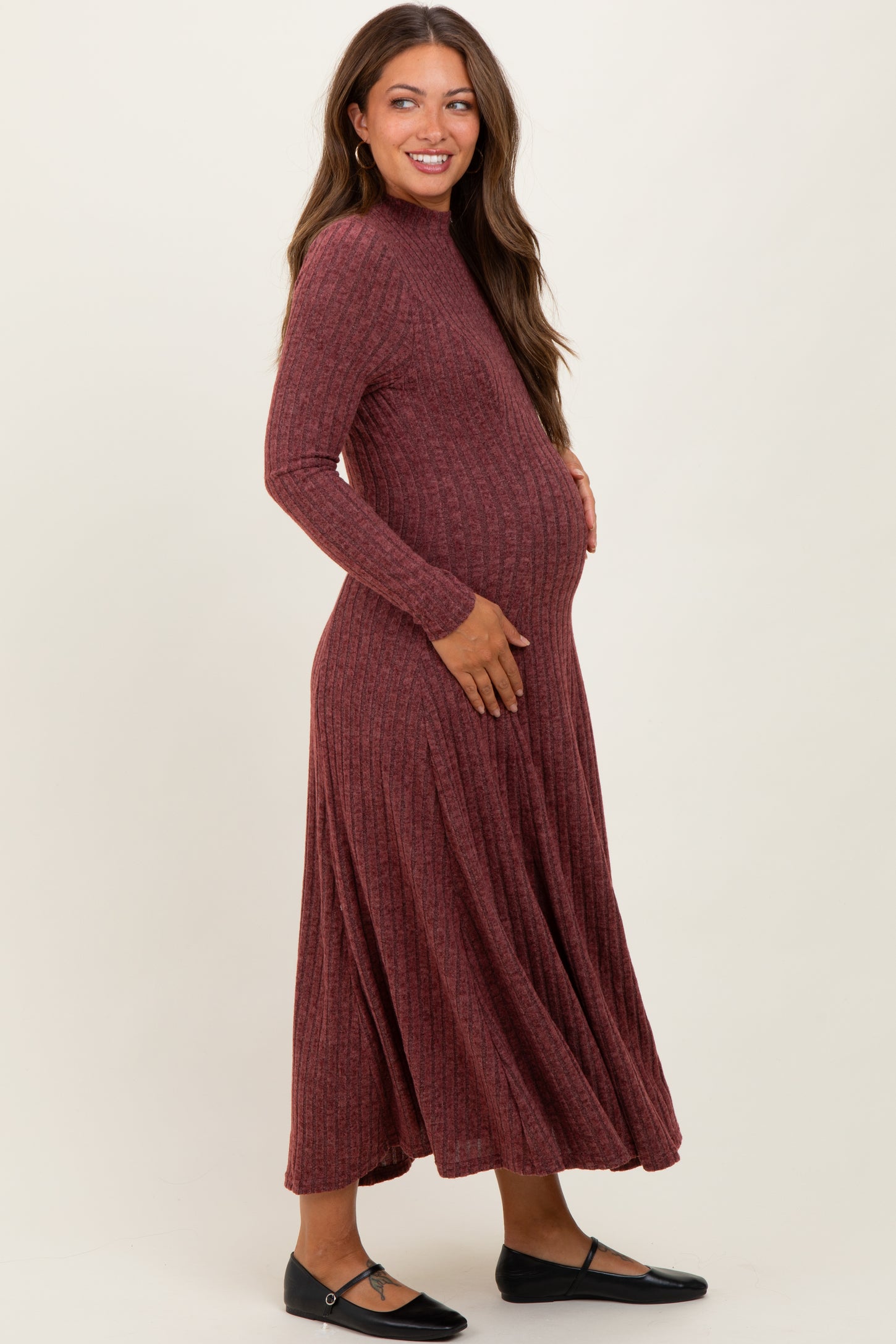 Burgundy Ribbed Mock Neck Maternity Midi Dress