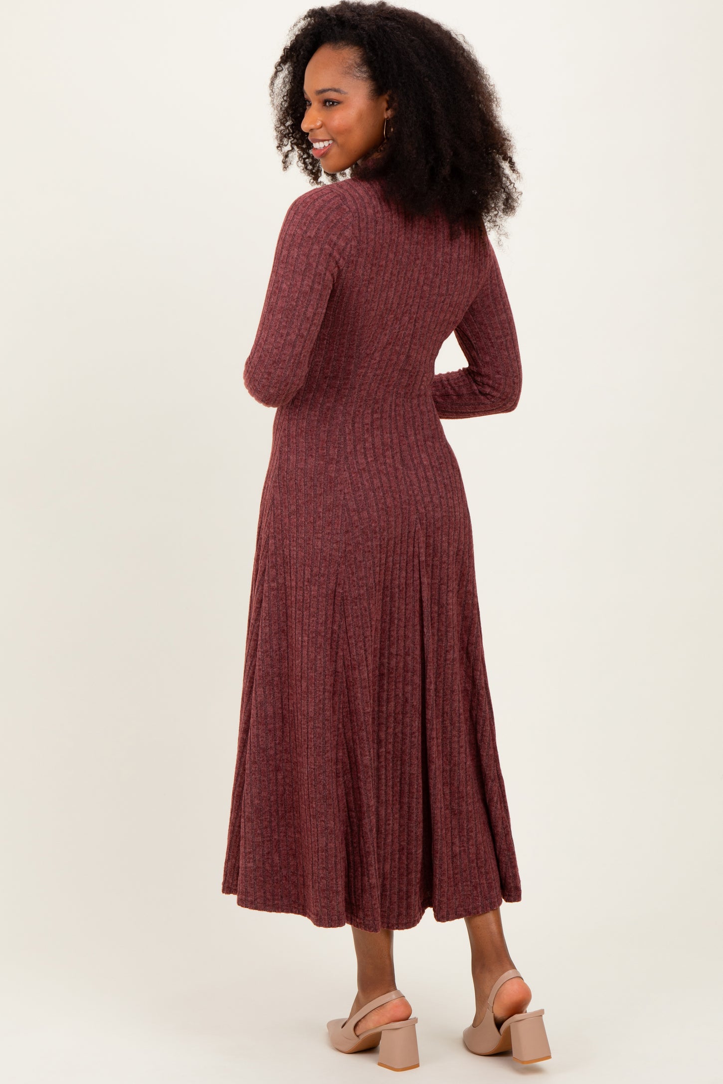 Burgundy Ribbed Mock Neck Midi Dress