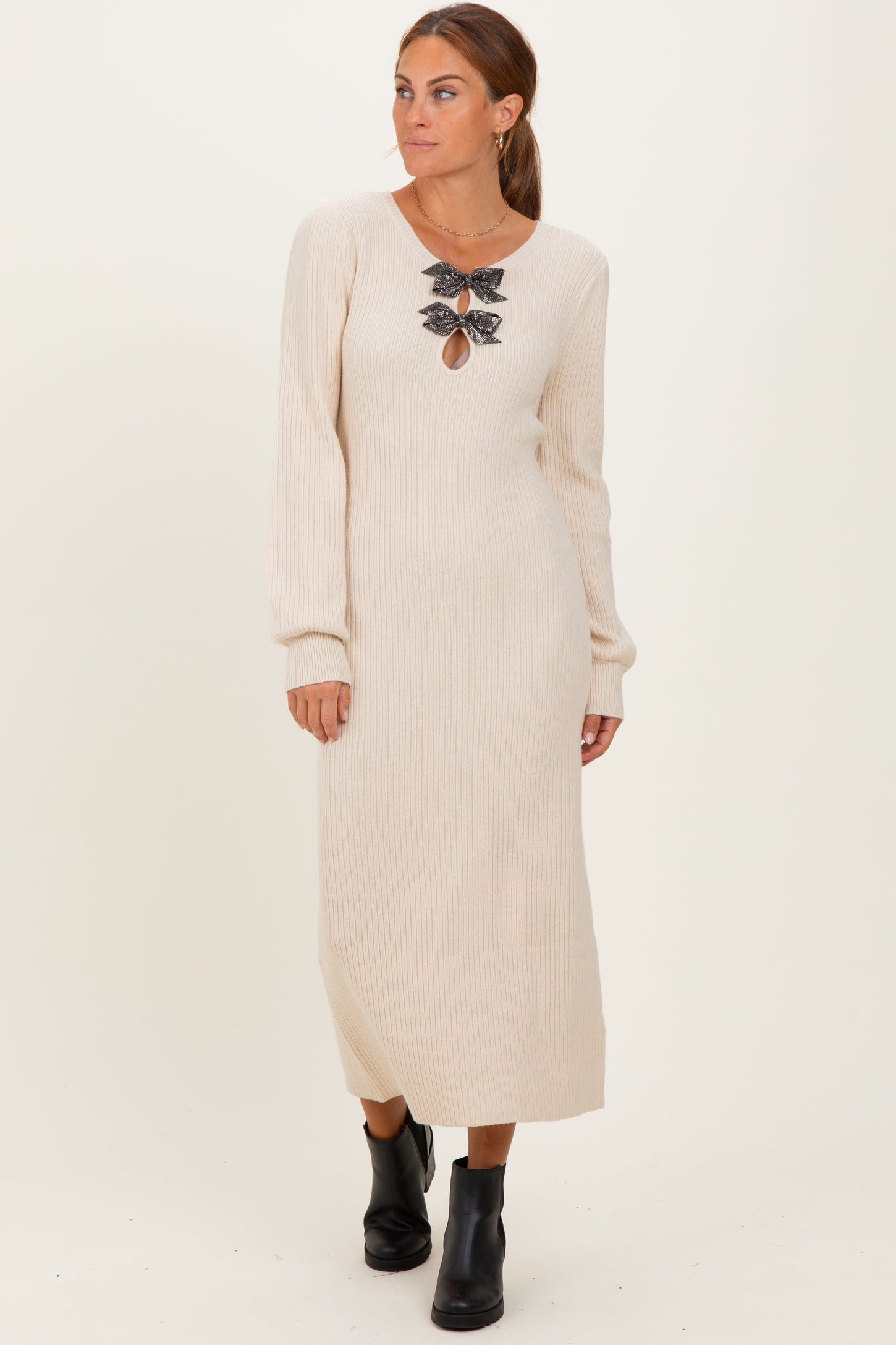 Cream Ribbed Bow Detail Midi Sweater Dress