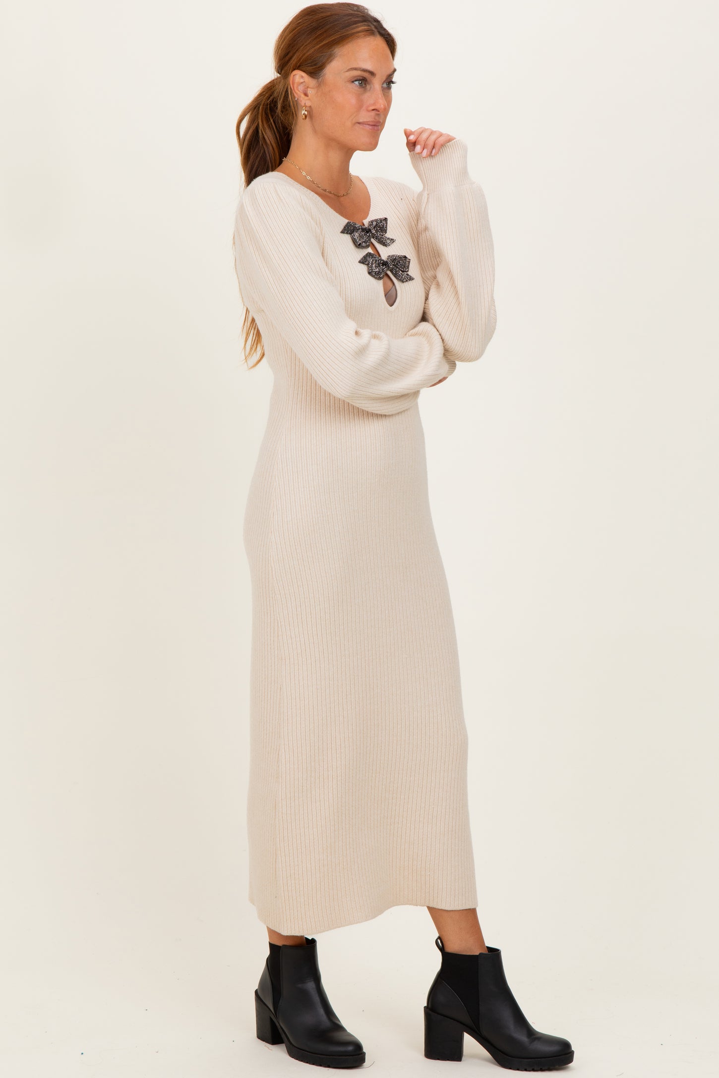 Cream Ribbed Bow Detail Midi Sweater Dress