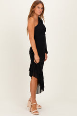 Black Mesh Ruched One Shoulder Asymmetric Dress