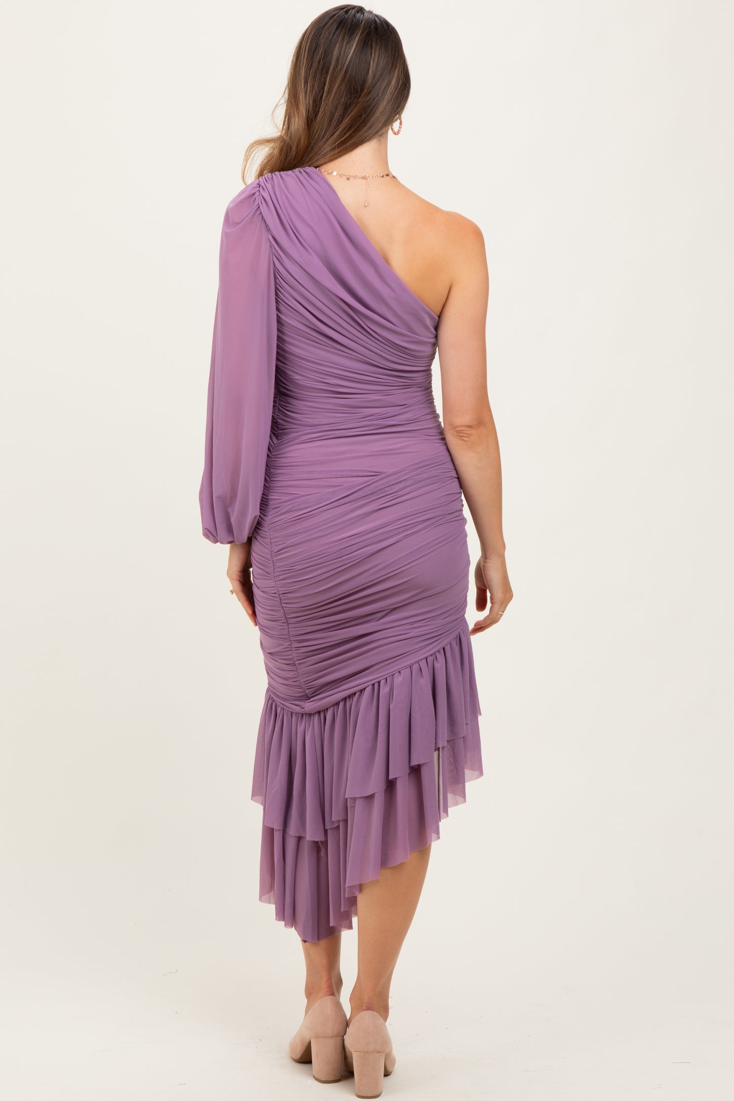 Lavender Mesh Ruched One Shoulder Asymmetric Maternity Dress