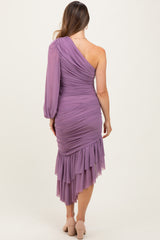 Lavender Mesh Ruched One Shoulder Asymmetric Maternity Dress