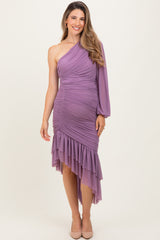 Lavender Mesh Ruched One Shoulder Asymmetric Maternity Dress