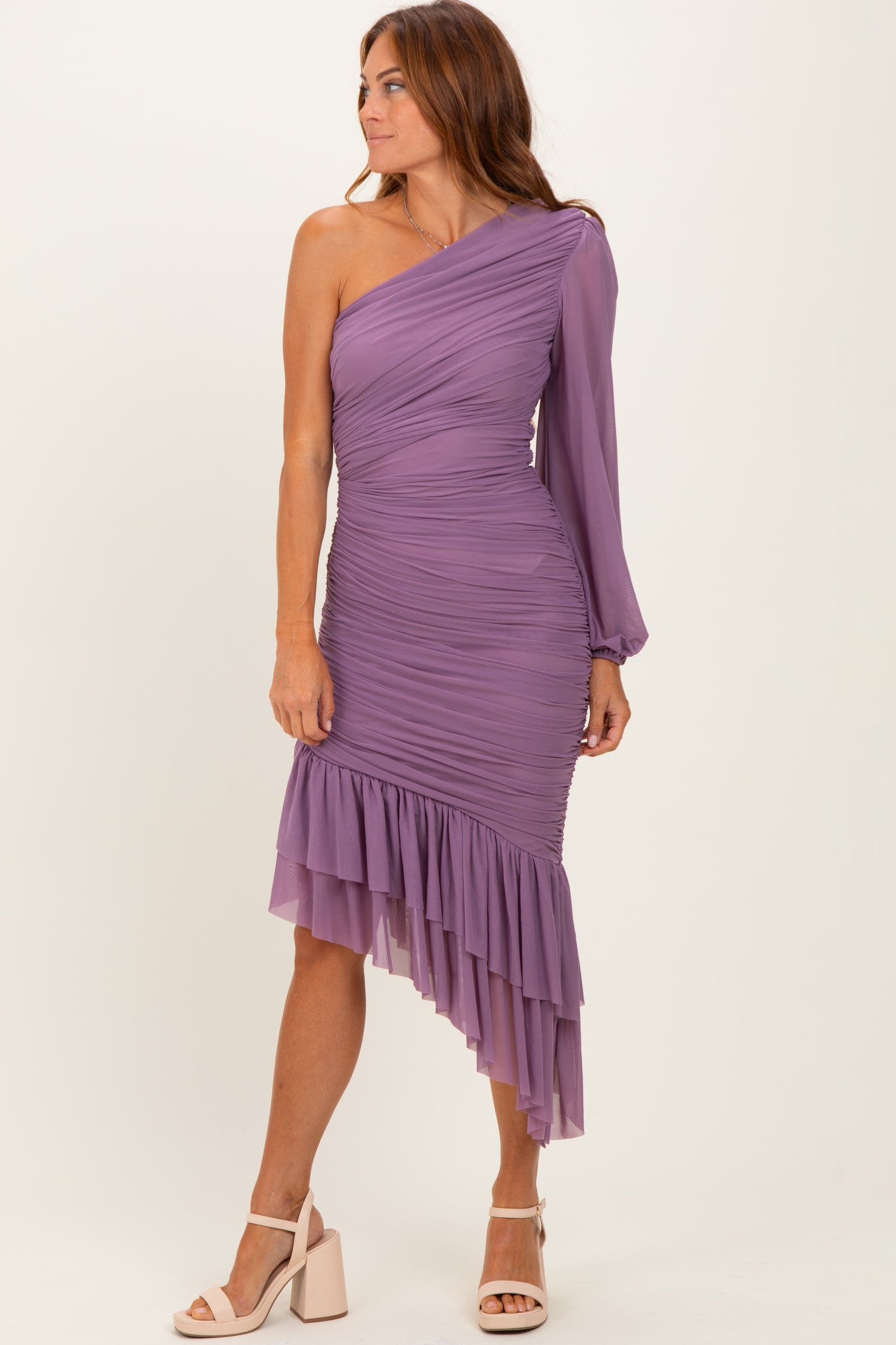 Lavender Mesh Ruched One Shoulder Asymmetric Dress