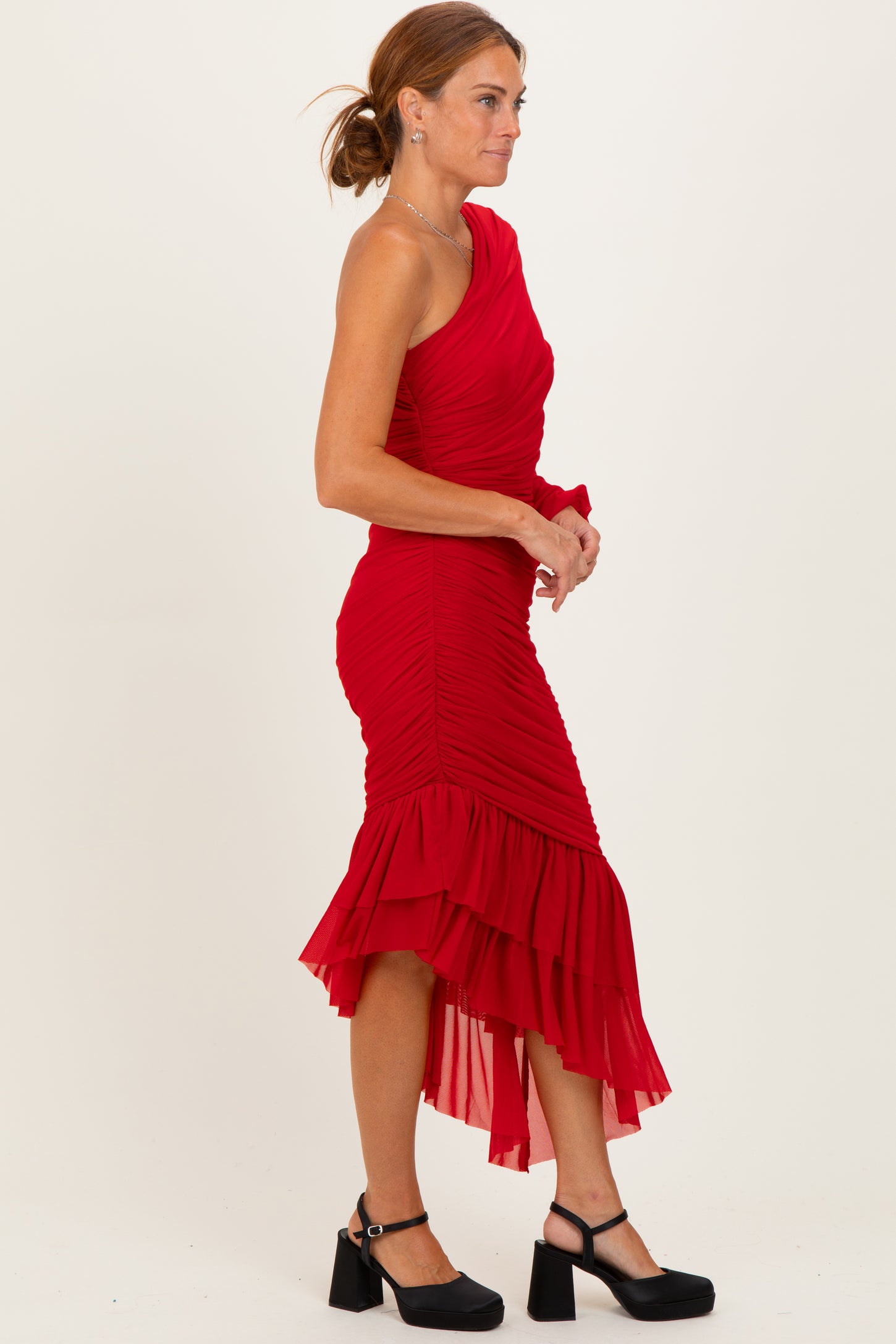 Red Mesh Ruched One Shoulder Asymmetric Dress