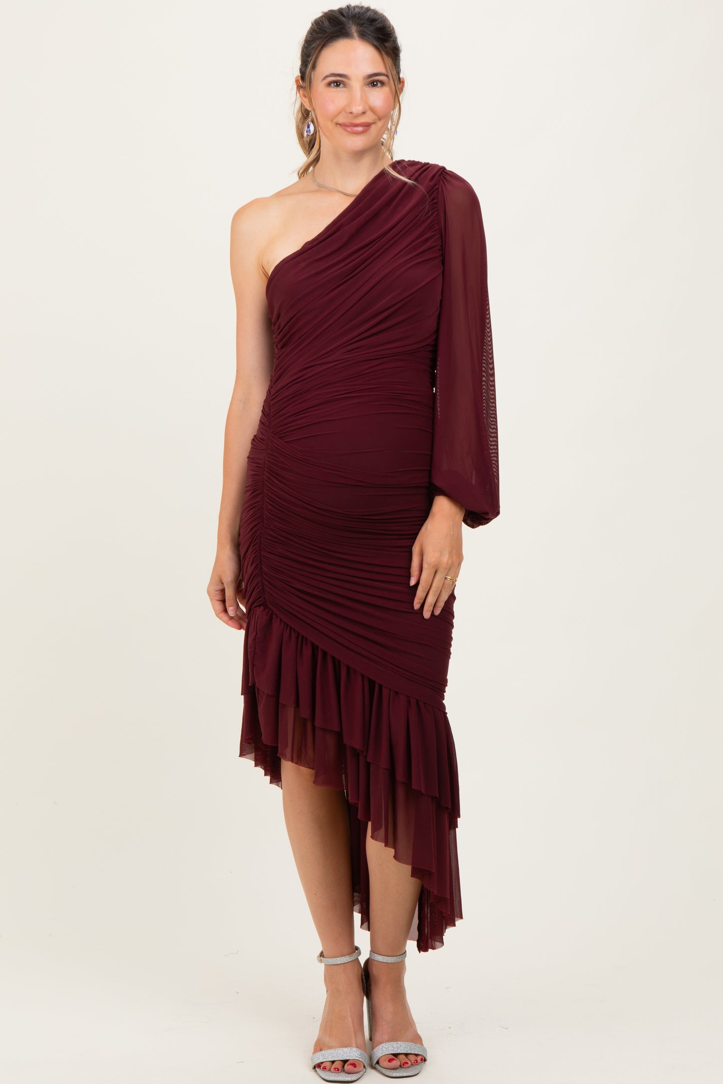 Dark Burgundy Mesh Ruched One Shoulder Asymmetric Maternity Dress