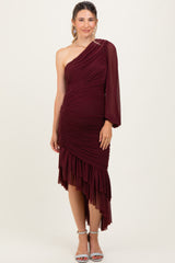 Dark Burgundy Mesh Ruched One Shoulder Asymmetric Maternity Dress
