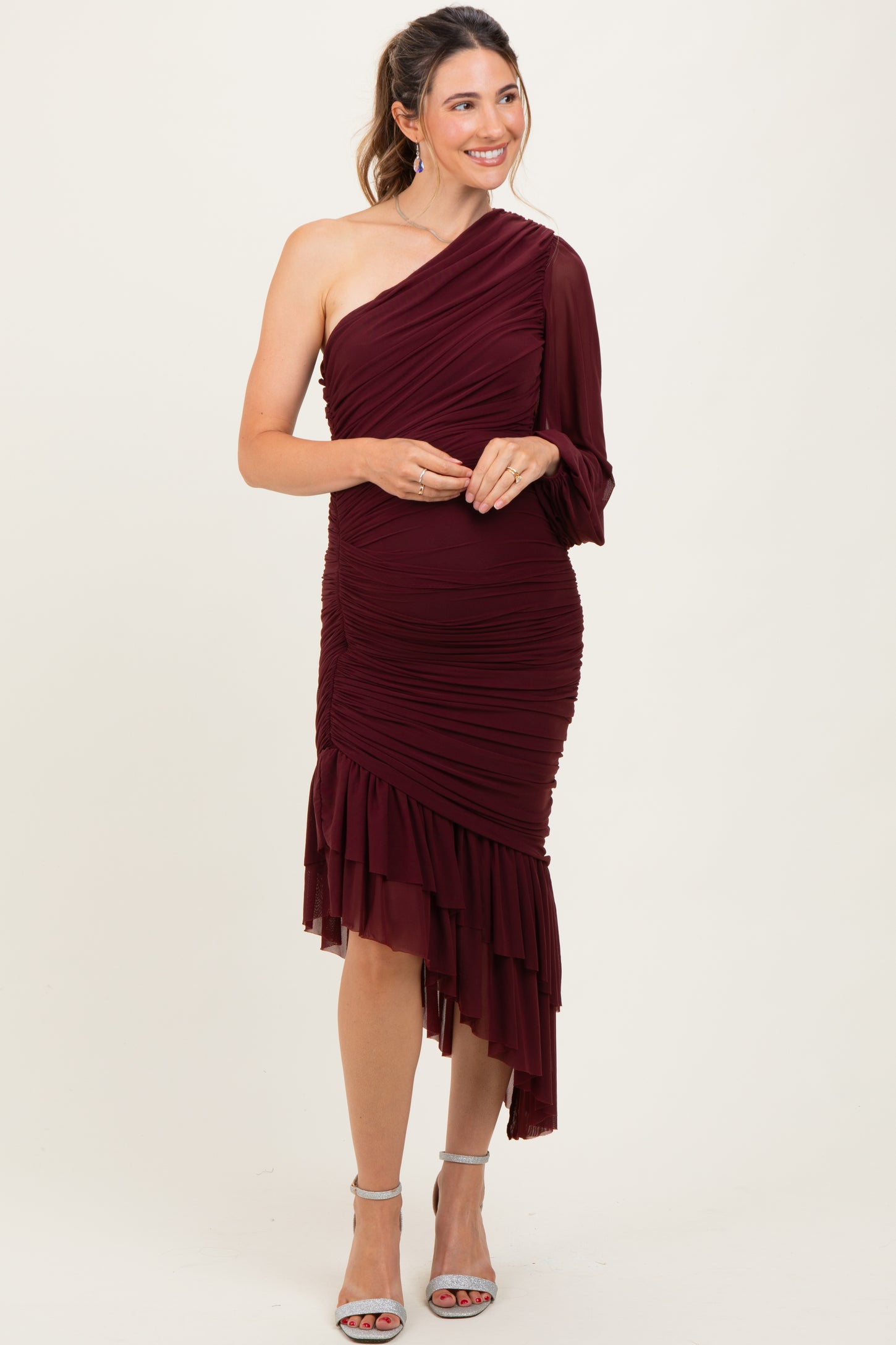 Dark Burgundy Mesh Ruched One Shoulder Asymmetric Maternity Dress