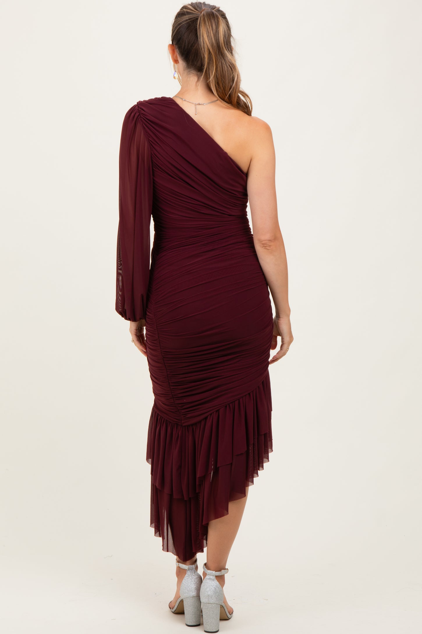 Dark Burgundy Mesh Ruched One Shoulder Asymmetric Maternity Dress