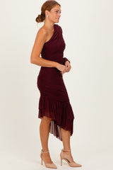 Dark Burgundy Mesh Ruched One Shoulder Asymmetric Dress