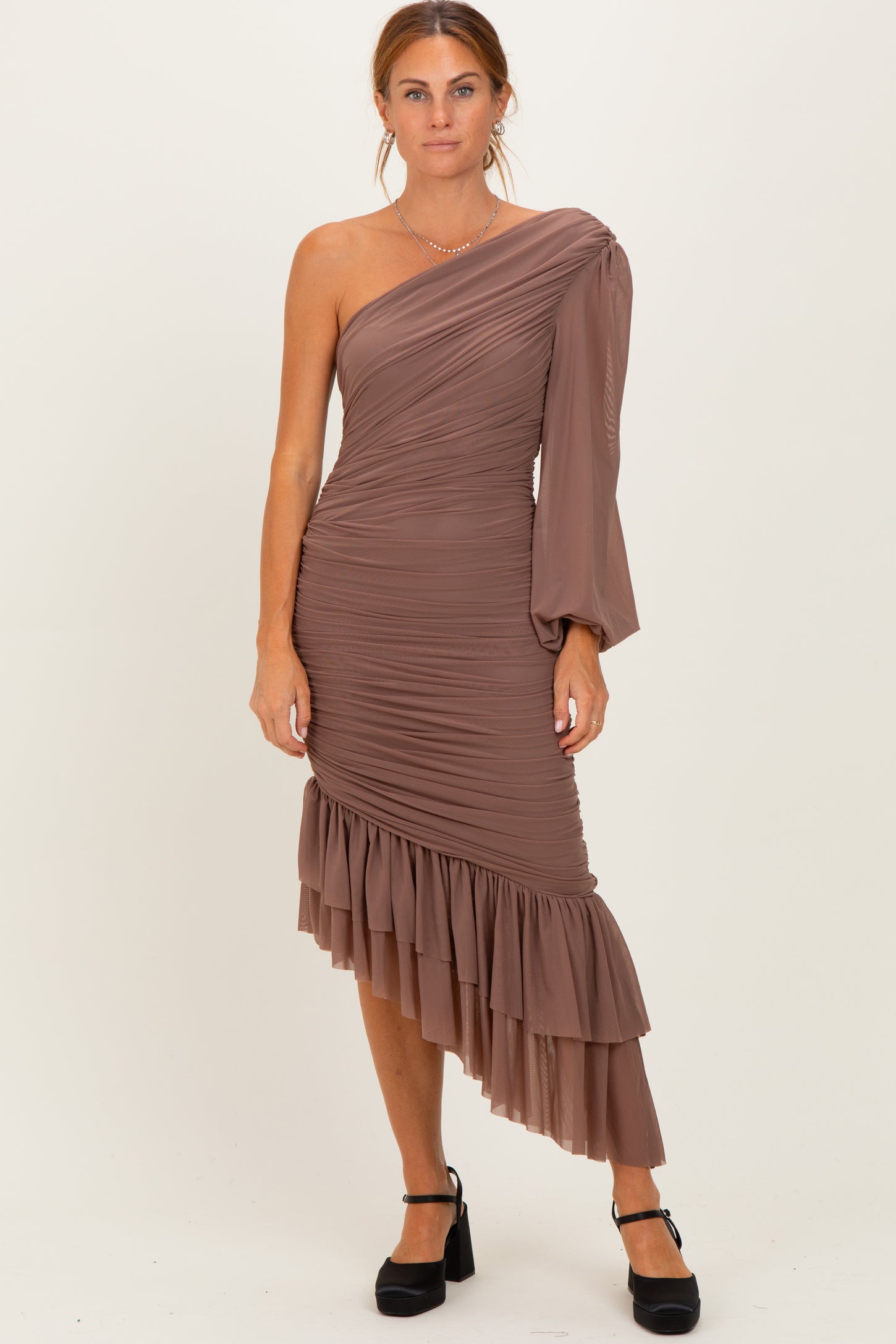 Mocha Mesh Ruched One Shoulder Asymmetric Dress