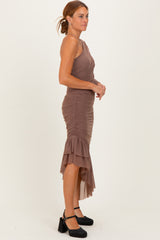 Mocha Mesh Ruched One Shoulder Asymmetric Dress