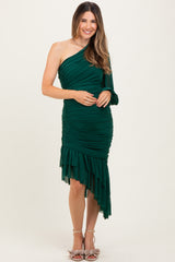 Forest Green Mesh Ruched One Shoulder Asymmetric Maternity Dress