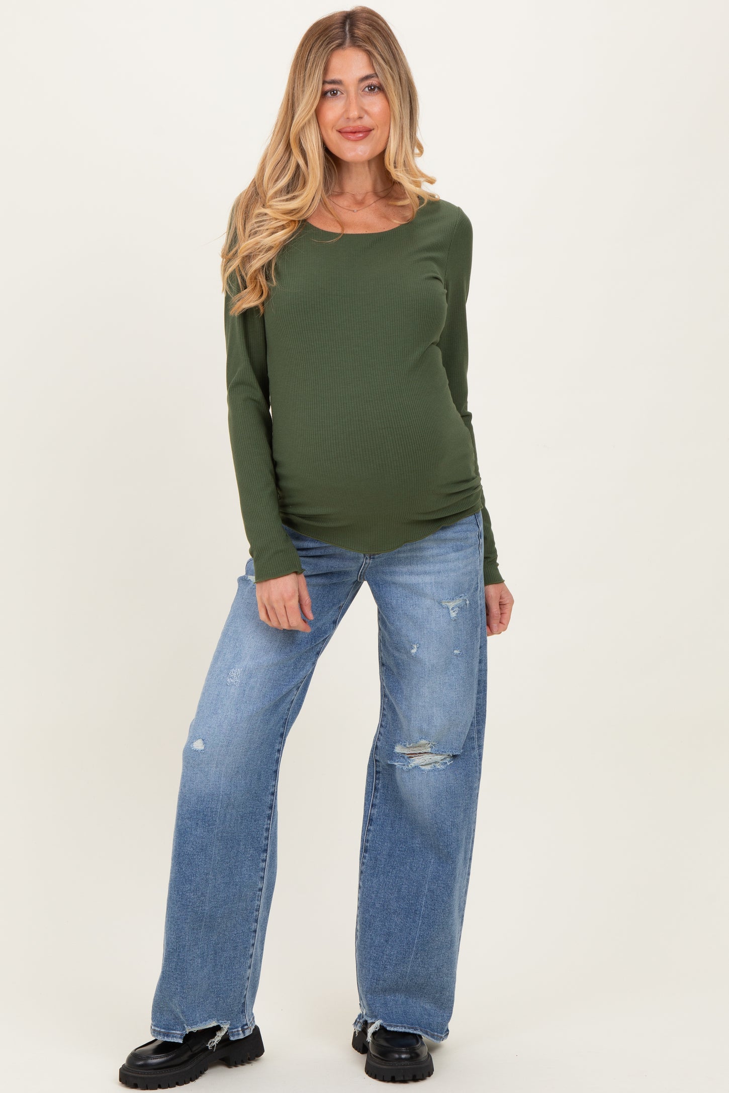 Blue Distressed Open Knee Wide Leg Maternity Jeans