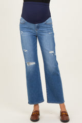 Blue Distressed Ripped Knee Straight Leg Maternity Jeans