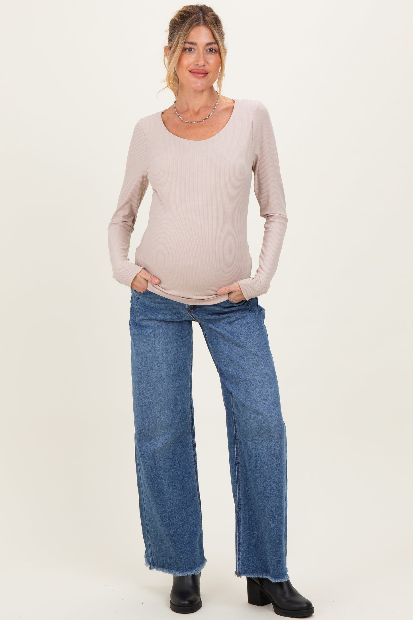 Navy Fray Hem Wide Leg Maternity Jeans