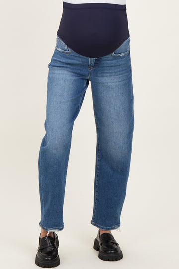 Blue Distressed Slim Barrel Leg Maternity Jeans
