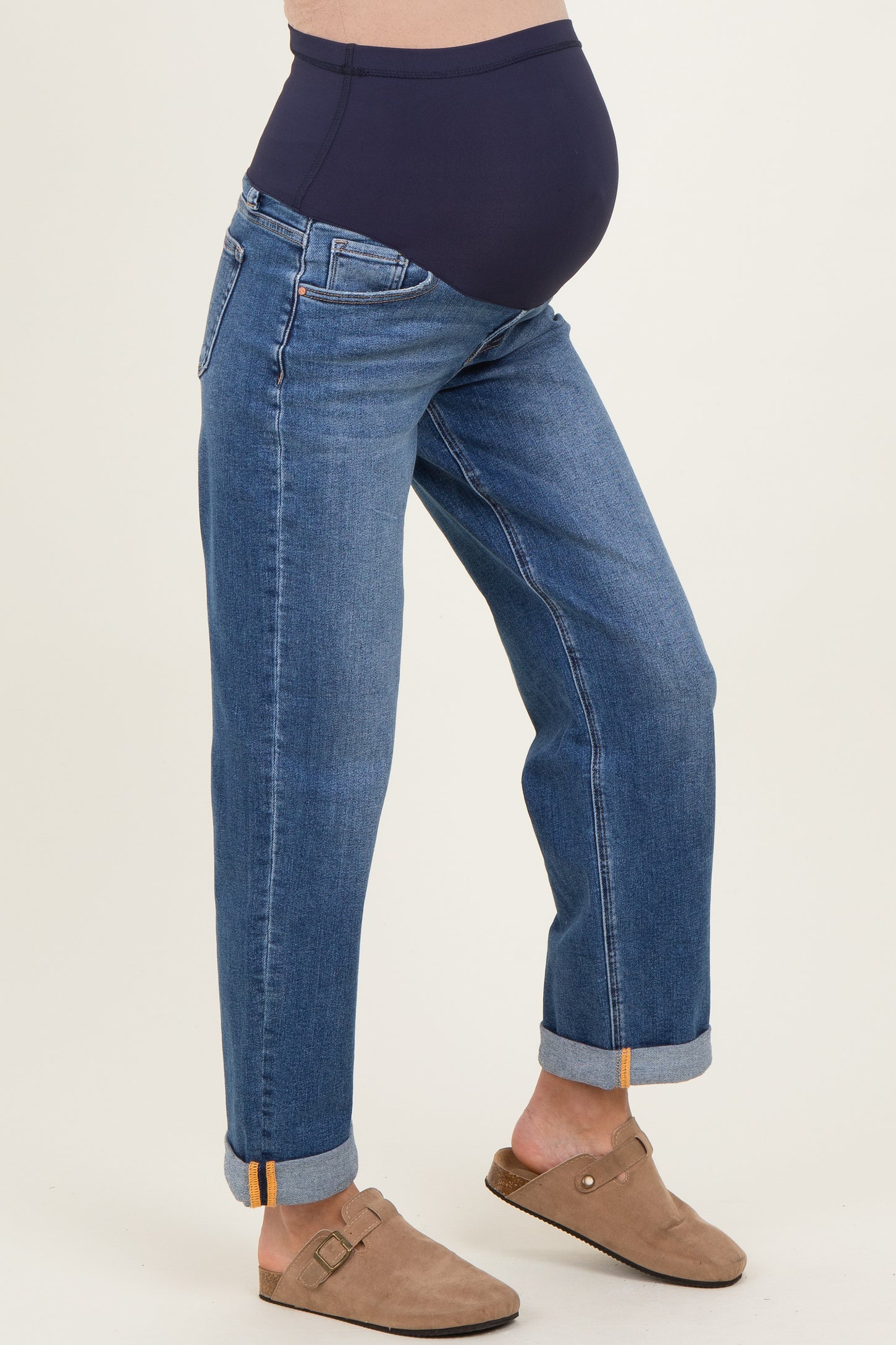 Navy Rolled Hem Maternity Boyfriend Jeans