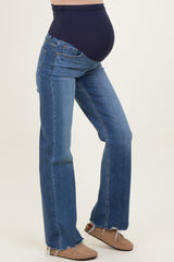 Navy Blue Fray Hem Straight Leg Maternity Jeans