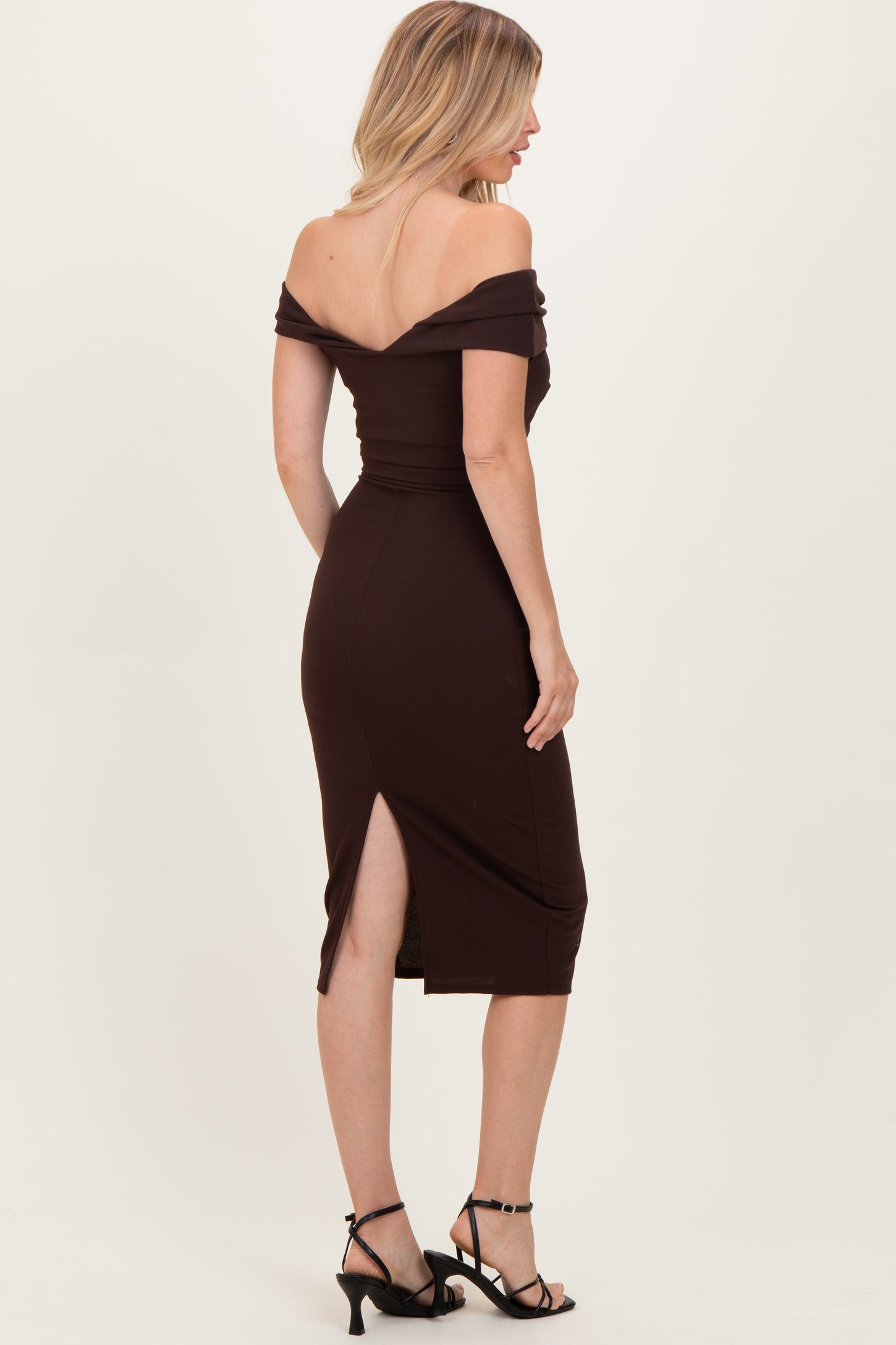 Brown Off Shoulder Fitted Midi Dress
