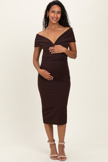 Brown Off Shoulder Fitted Maternity Midi Dress