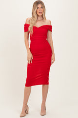 Red Off Shoulder Fitted Midi Dress