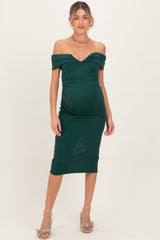 Forest Green Off Shoulder Fitted Maternity Midi Dress