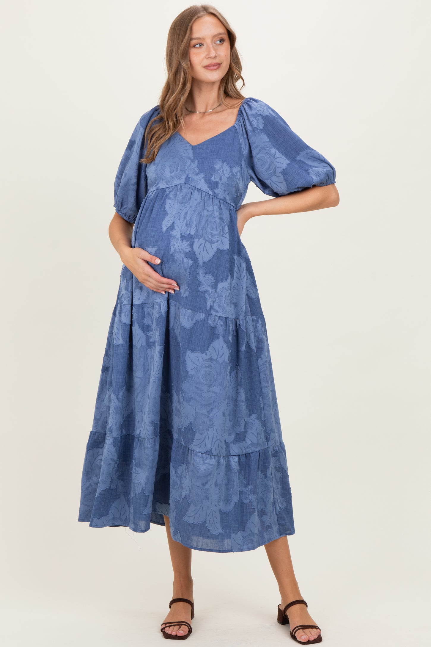 Blue Floral Textured Tiered Midi Maternity Dress