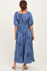 Blue Floral Textured Tiered Midi Dress